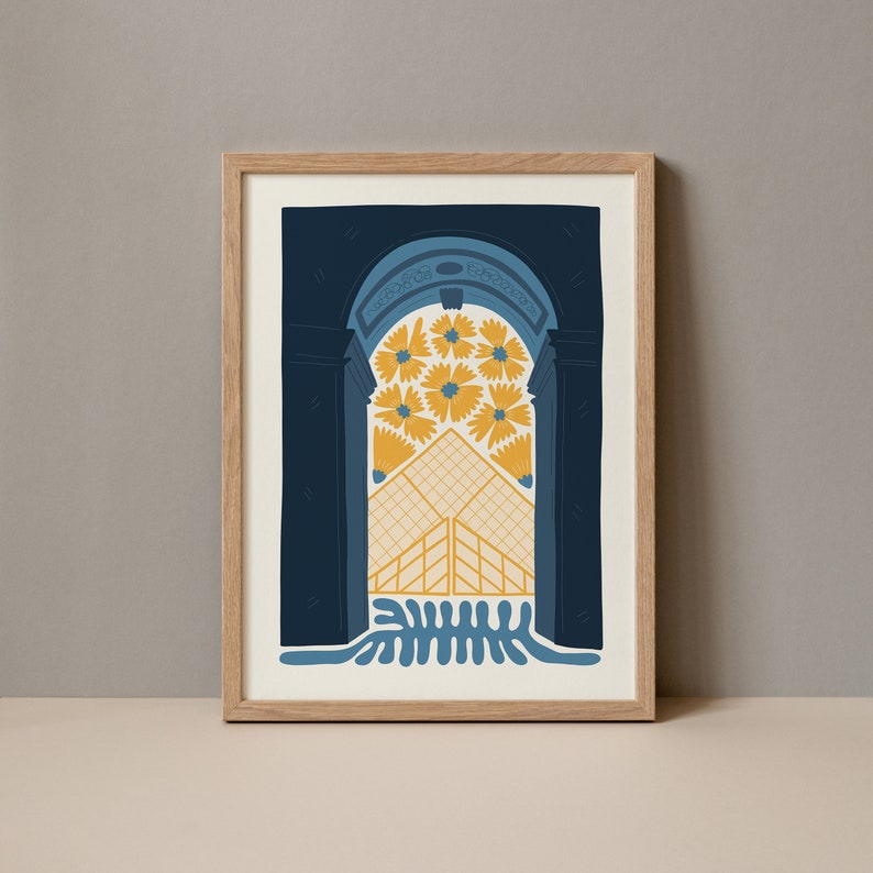 May include: A framed illustration of a blue archway with a yellow floral design. The archway is framed by a wooden frame.