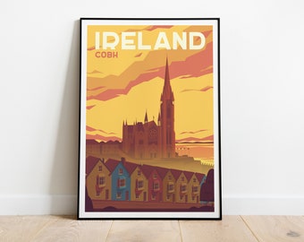 Ireland Cobh Travel Poster, Ireland Cobh Wall Art, Ireland Travel Print, Ireland Wanderlust Poster, Ireland Colorful Travel Illustration Art