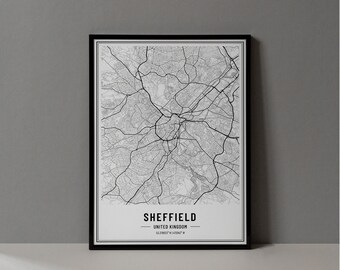Impression numérique de carte de Sheffield au Royaume-Uni, affiche de carte de Sheffield, art mural carte de Sheffield, carte de Sheffield, impression d'art de Sheffield, coordonnées de la ville