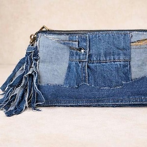 Upcycled Denim Wristlet Clutch | Handmade Patchwork Jean Pouch | Frayed Tassel Mini Bag | Sustainable Small Purse | One of One