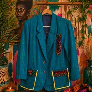 May include: Teal blazer with colorful patterned accents on the pockets and lapel. The blazer has two brown buttons and yellow trim. The jacket is hanging on a wooden hanger.
