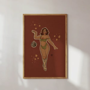 Disco Cowgirl Traditional Tattoo Art Print Flash, Pin Up Cowgirl Print, Disco Ball Art, 70s Artwork, Tattoo Print, Country Art, Cowgirl Art