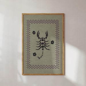 Scorpion Art Print, 70s, Checkers, Checkerboard, Pastel Art, Horoscope, Gift, Home Decor, Scorpio Retro Groovy Artwork, Tattoo Flash Print,