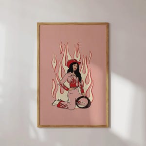 Flamin&#39; Cowgirl Print, Western Cowgirls illustration, pin up art, western art, cowgirl art, desert art, cactus art print, horse art print