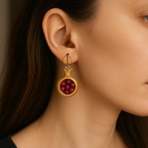24K Gold Pomegranate Earrings: Ottoman Style Turkish Jewelry