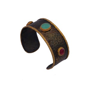 Handcrafted Wide Gold Cuff Bracelet – Two-Tone Design with Ruby & Smoky Quartz Stones | Unique Statement Jewelry for Any Occasion