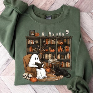 Reading Ghost Sweatshirt, Halloween Sweatshirt, Book Lover Shirt, Halloween Gift For Librarian, Ghost Book Sweatshirt, Spooky Season Tshirt