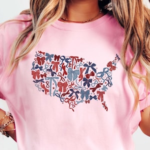 Coquette Amerika kaart shirt, USA silhouet shirt, Coquette Bow Amerika 4 juli shirt, Coquette USA kaart bogen T-shirt, American Girl shirt