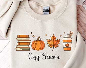 Sudadera acogedora de temporada, regalo de otoño para amantes de los libros, camiseta de temporada de calabaza, camiseta de calabaza linda, camiseta de hoja de otoño, camiseta de café de otoño, camiseta de calabaza