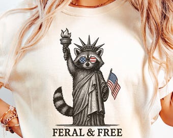 Grappig shirt van 4 juli, shirt wilde en gratis wasbeer, shirt vuurwerk, shirt Feral Girl zomer, shirt wasbeer meme, shirt van de onafhankelijkheidsdag