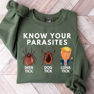May include: Green sweatshirt with the text "KNOW YOUR PARASITES" and three cartoon images of ticks labelled "DEER TICK", "DOG TICK", and "LUNA TICK".