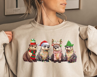 Otters Christmas Lights Sweatshirt, Otters Merry Christmas Shirt, Otter Lover Christmas Gift, Sea Animal Christmas Apparel, Christmas Gifts