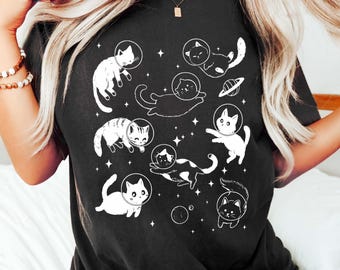 宇宙猫シャツ、おもしろ猫シャツ、猫ママへのギフトシャツ、美的猫シャツ、ヴィンテージ猫シャツ、猫の飼い主へのギフト、猫好き女性へのギフトシャツ