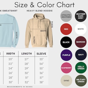 May include: Size and color chart for crewneck sweatshirts and heavy blend hoodies. The chart shows measurements in inches for sizes S to 3XL. Color options include red, black, purple, raspberry, sand, white, maroon, navy, kelly green, military green, pink, forest, true royal, light blue, asphalt, athletic heather, heather dark grey, and H. deep teal/indigo blue.