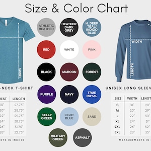 May include: Size and color chart for unisex t-shirts. Includes a V-neck and long sleeve style. Displays color options and size measurements in inches for chest, length, width, and sleeve.