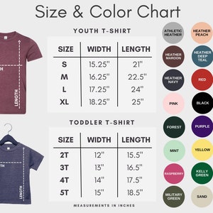 May include: Size and color chart for youth and toddler t-shirts. Includes measurements in inches for width and length. Color swatches include heather, pink, black, maroon, forest, purple, navy, mint, yellow, true royal, raspberry, kelly green, light blue, military green, sand, and asphalt.