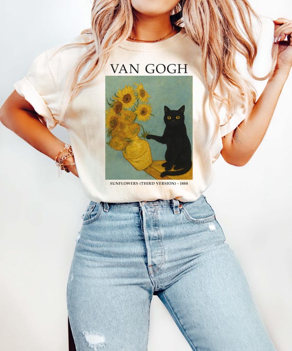 Van Gogh Cat Shirt, Vintage Art Tee, Black Cat Sweatshirt, Sunflower Cat Shirt, Aesthetic Painting Tee, Art Lover Shirt, Art Lover Gift