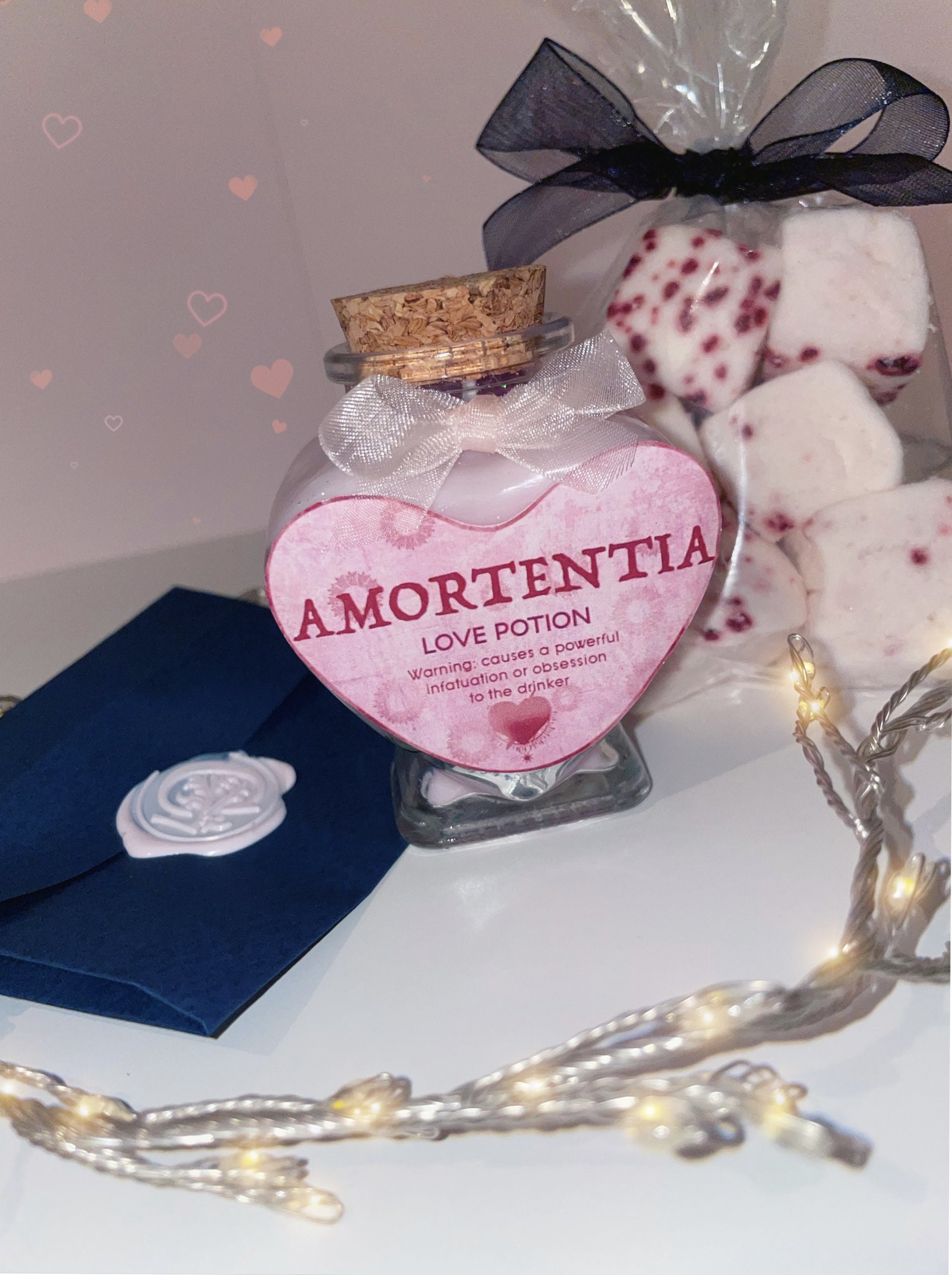 Bougie Cire de Soja Amortentia, Love Potion, Coffret Bougie + Marshmallow Framboise, Soy Wax Candle,