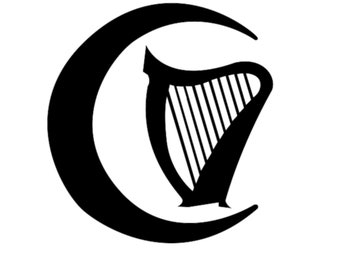 May include: A black and white illustration of a harp inside a crescent moon.