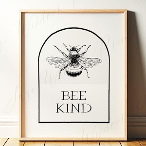 Bee Kind Print | Simple Vintage Bee Art, Arched Print for Teacher, Counselor, Therapist Office Decor | Minimalist Wall Art Digital Download