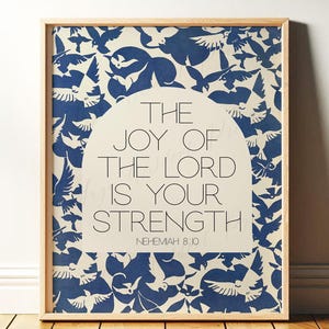 The Joy of the Lord is Your Strength, Nehemiah 8:10 | Modern Christian Wall Art, Bible Verse Decor, MidCentury Blue Bird Art Print or Canvas