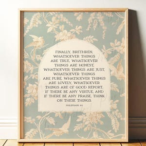 Philippians 4:8 Print, KJV | Christian Wall Art, Bible Verse Wall Hanging, Whatever is Pure | Vintage Subtle Scripture Art | Print or Canvas