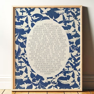 Apostles Creed Print | Christian Wall Art, Catholic Liturgy | God the Father Almighty | MidCentury Blue Abstract Bird Art Digital Download