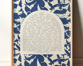 Beatitudes Print | Christian Wall Art, Blue & White Bible Verse, Modern Scripture Art | Boho Bird Biblical Decor | Framed Print or Canvas