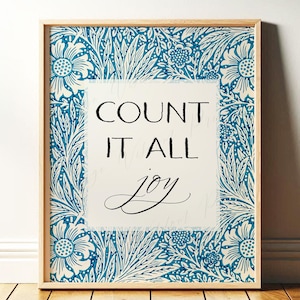 Count it All Joy | Christian Wall Art, Blue William Morris Print | James 1 | Vintage Bible Verse Wall Art Scripture Decor | Digital Download