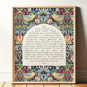 Rumi Guest House Quote | Mental Health Wall Art | Self Care, Therapy Office Decor with Colorful William Morris Vintage Art, Digital Download