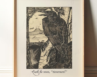 Nevermore, Raven Print, Edgar Allen Poe | Halloween Wall Art | Vintage Linocut | Wood Framed Print or Canvas