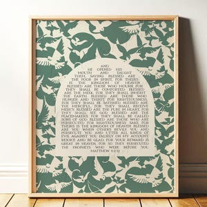 Beatitudes Print | Christian Wall Art, Green & White Bible Verse, Modern Scripture Art, Bird Pattern | Boho Biblical Decor | Print or Canvas