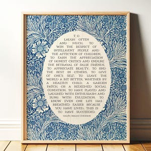 Cytat o sukcesie, Ralph Waldo Emerson | Sztuka ścienna poezji | Wydruk wiersza, Vintage Blue William Morris Floral Art Print, Pobieranie cyfrowe, Możliwość wydruku