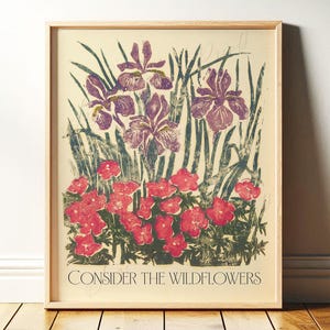 Consider the Wildflowers | Christian Wall Art, Luke 12 | Botanical, Vintage Linocut Bible Verse, Scripture, Words of Jesus | Print or Canvas