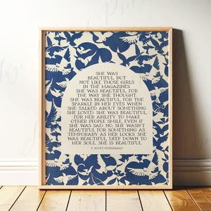 She Was Beautiful, F. Scott Fitzgerald Quote | Blue and White Literary Wall Art with Birds | Modern Art Print for Entryway | Print or Canvas