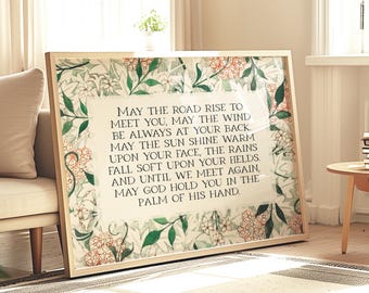 Irish Blessing: "May the Road Rise" Poem | Subtle Horizontal Wall Art, Housewarming Gift Idea | William Morris Framed Print or Canvas