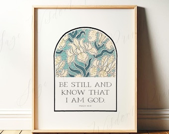 Be Still, Psalm 46:10 | Christian Wall Art with Vintage Floral Blue MidCentury Art | Biblical Decor, Bible Verse Framed Art Print or Canvas