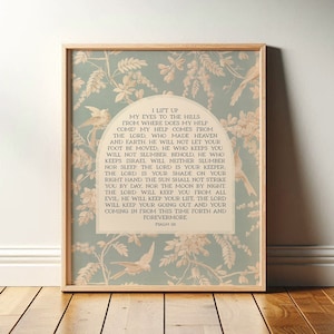 Psalm 121 Bible Verse Wall Art Decor | Eyes to the Hills | Christian Gift, Blue Green Vintage Floral Birds, Framed Scripture Print or Canvas