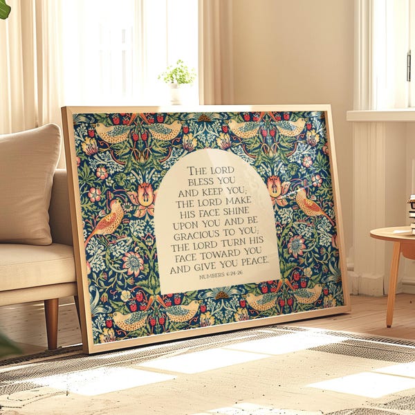 Que el Señor te bendiga y te guarde, lámina de bendición, Números 6:24-26 / Arte mural cristiano, lámina o lienzo enmarcado horizontal de William Morris