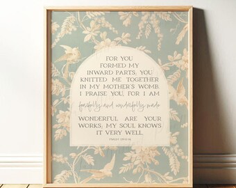 Psalm 139 Christian Wall Art with Vintage Dove Pattern | Bible Verse Nursery Decor for Baby Boy, Gender Neutral, Church | Digital Download