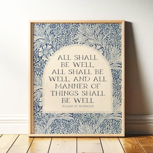 すべてはうまくいくプリント | ジュリアン・オブ・ノーウィッチの名言、キリスト教の壁画、カトリックの装飾 | 宗教的なヴィンテージブルーフローラルアート | デジタルダウンロード