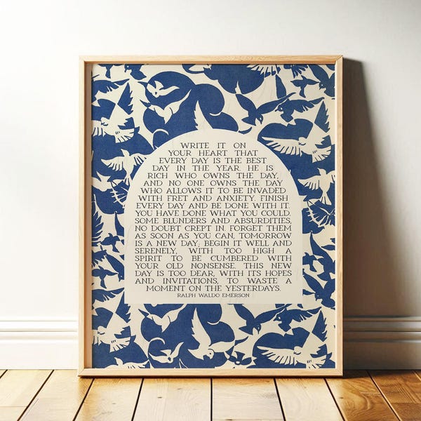 Ralph Waldo Emerson | Write it On Your Heart | Blue and White Poetry Wall Art with Birds | Modern Art Print for Entryway | Print or Canvas