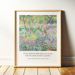 Quote from The Secret Garden in thin wood frame, boho interior, with pastel vintage art from Monet
