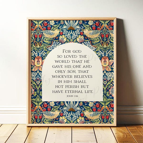 John 3:16 Bible Verse Wall Art | Vintage Style Christian Print Scripture Decor | God So Loved the World | Floral Art Framed Print or Canvas
