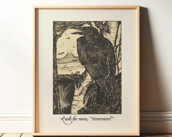 Nevermore, Raven Print | Edgar Allen Poe Quote | Halloween Wall Art | Vintage Linocut Wood Framed Print or Canvas