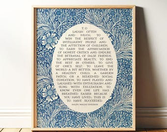 Success Quote, Ralph Waldo Emerson | Poetry Wall Art | Poem Print, Vintage Blue William Morris Floral Art Print, Digital Download, Printable
