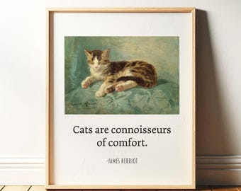 Cat Art Quote Print: "Connoisseurs of Comfort" | James Herriot Quote with Vintage Cat Art | Gift for Cat Lover | Framed Print or Canvas