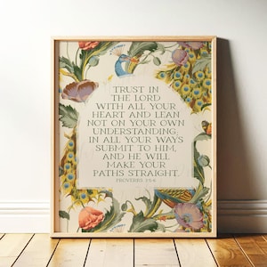 Proverbios 3:5-6 / Confía en el Señor con todo tu corazón, Arte mural cristiano, Decoración con versículos bíblicos / Arte de pavo real de mediados de siglo / Descarga digital