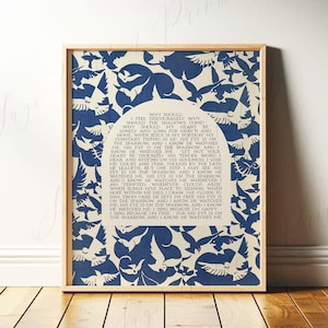 His Eye is on the Sparrow, Christian Wall Art | Vintage Bible Verse Arch with Blue Abstract Bird Pattern, Matthew 6, Hymn Digital Download