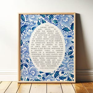 Success Quote, Ralph Waldo Emerson | Poetry Wall Art | Poem Print, Blue Floral Decor for Office or Classroom | Framed Print or Canvas